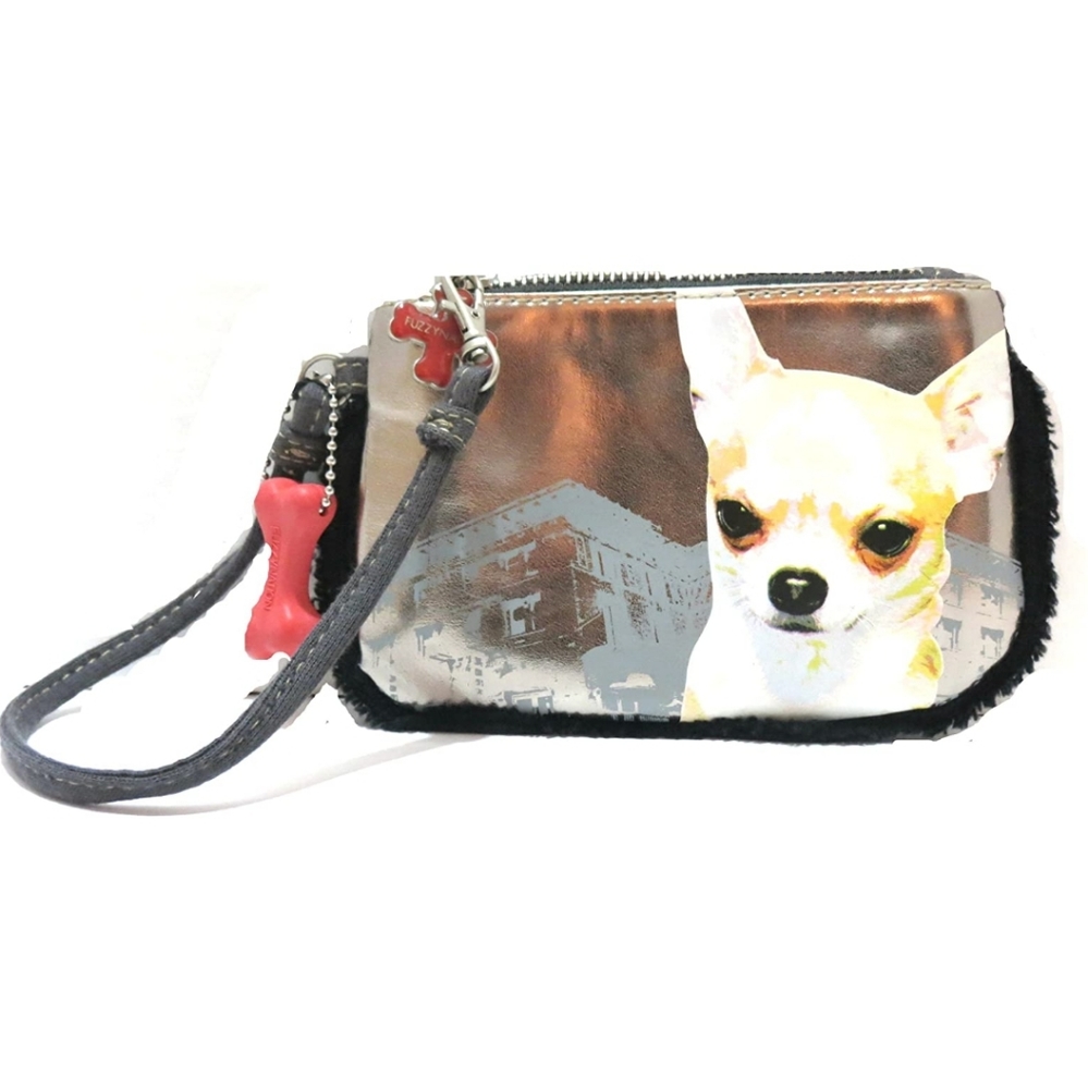 Fuzzy Nation Multi-colored CHIHUAHUA Flat Wristlet EUC